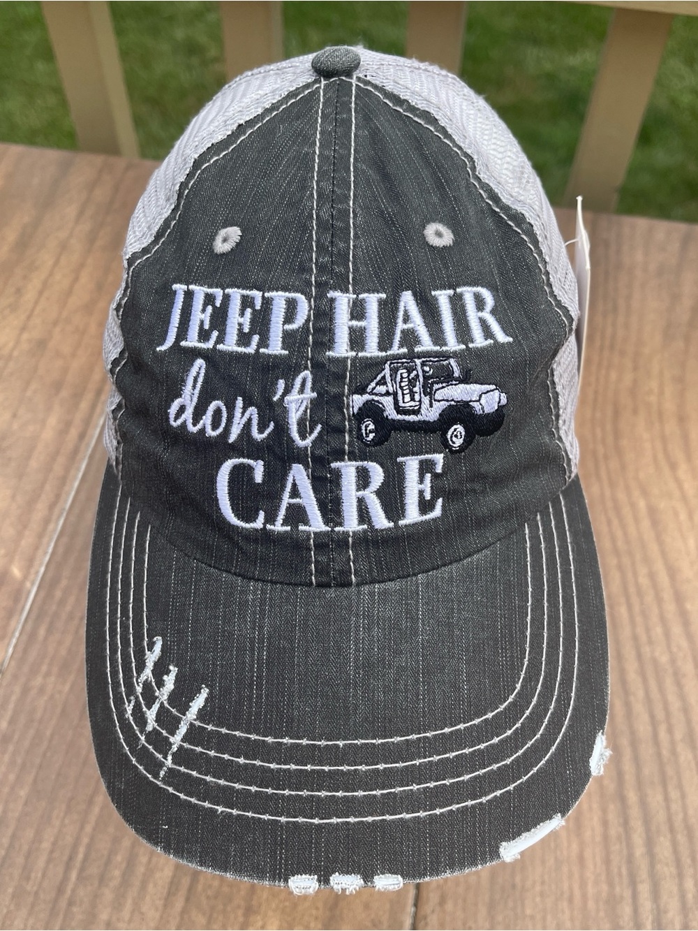 Jeep Hair Don't Care Black & White Embroidered Trucker Hat